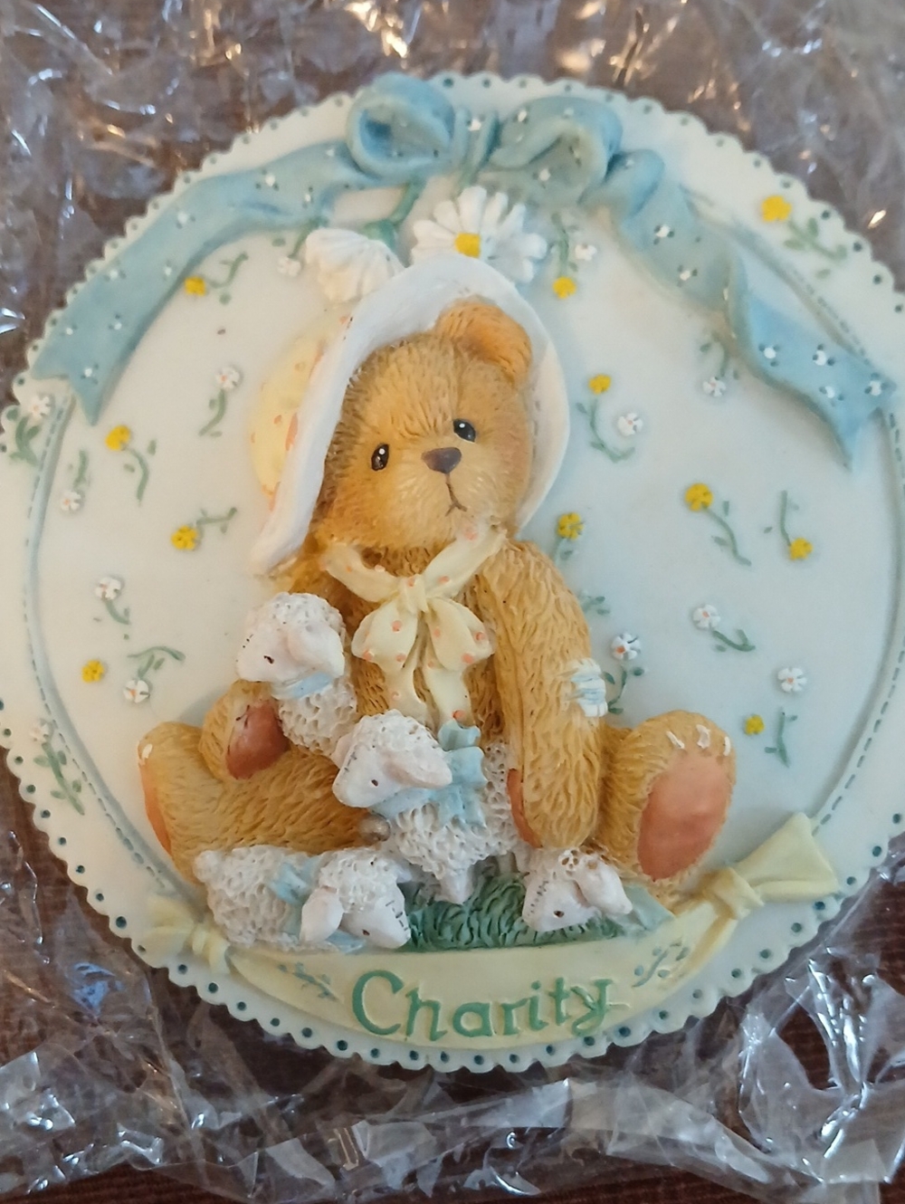 Cherished Teddies Blue and Cream Charity Bear Plaque Vintage Collectables